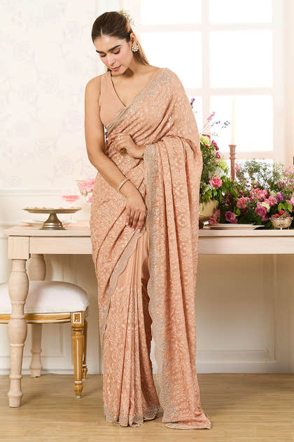 Fawn Georgette Embroidered And Swaroski Work Saree