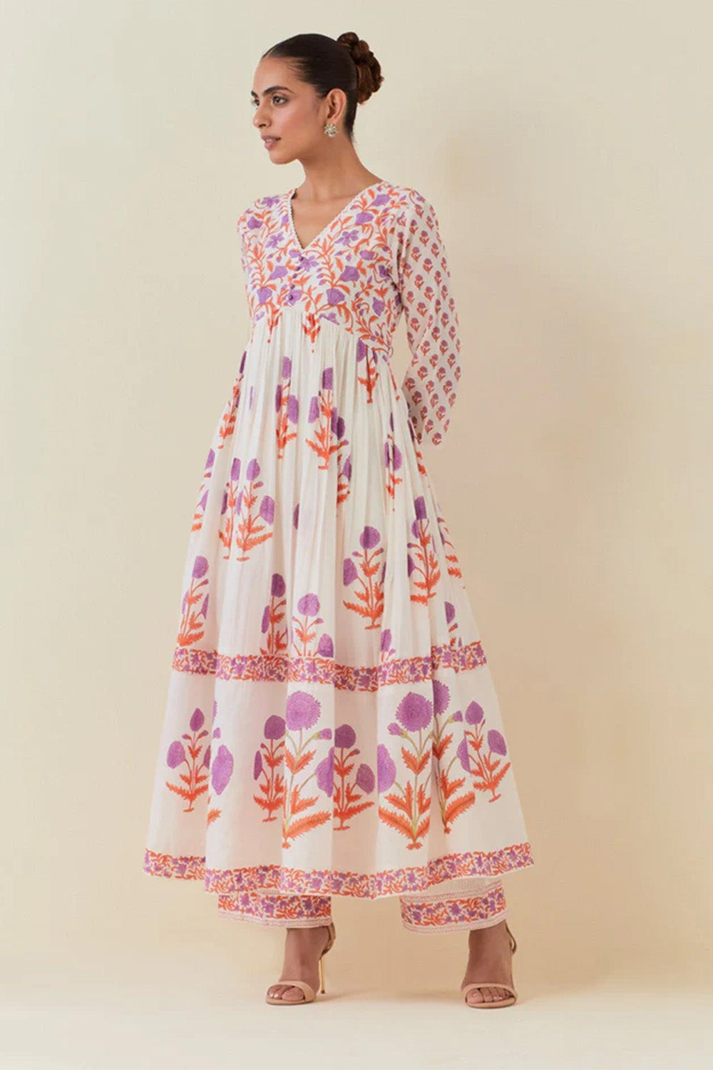 White Color Cotton Floral Printed Anarkali Suit with Palazzo,