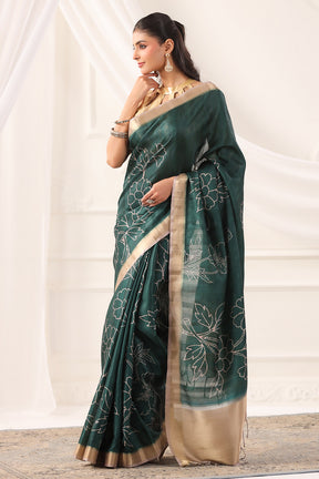 Bottle Green Tussar Silk Floral Printed and Zari Woven Saree