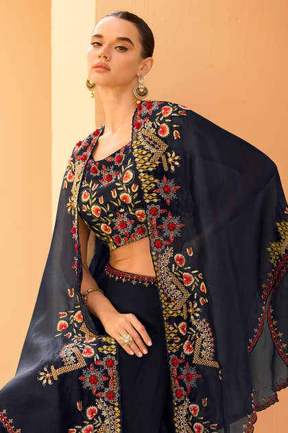 Navy Organza Embroidered Crop-Top Dress With Shruge Stlye Dupatta And Palazzo