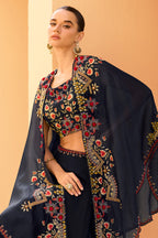 Navy Organza Embroidered Crop-Top Dress With Shruge Stlye Dupatta And Palazzo