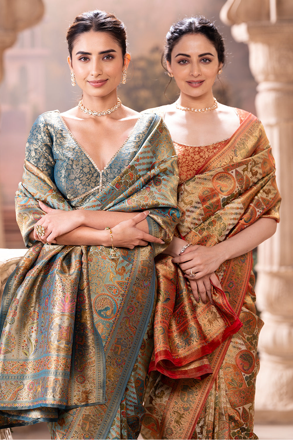 Turquoise Position Print Woven Silk Saree