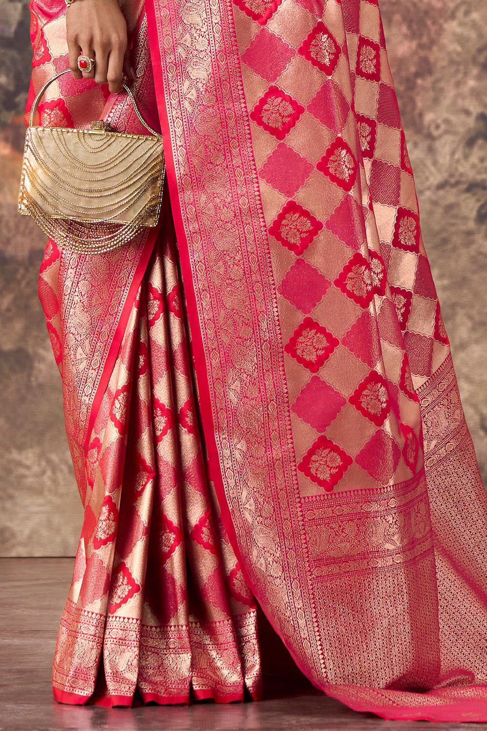 Magenta & Red Silk Zari Woven Saree