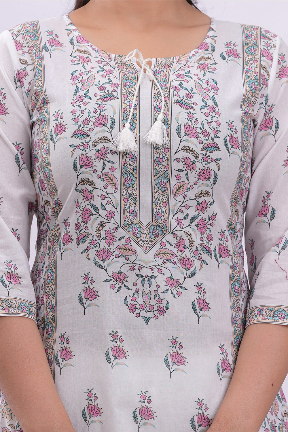 Pink & Cream Color Cotton Floral Printed Straight Suit