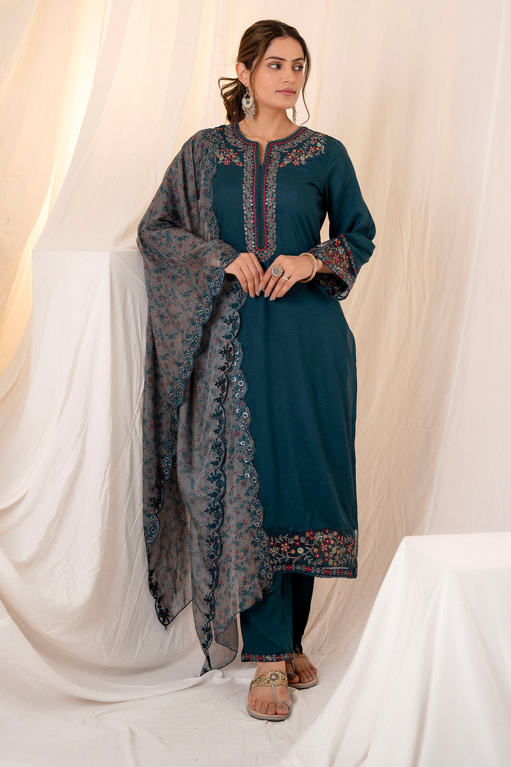 Teal Color Cotton Resham Embroidered Straight Suit