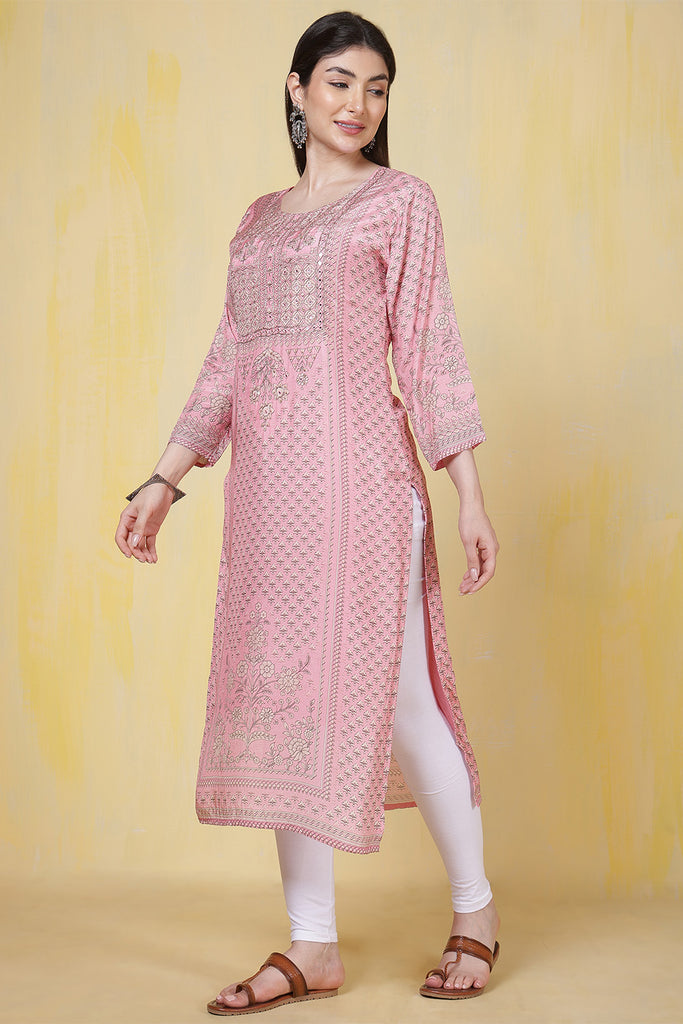 Pink Cotton Silk Printed Kurti