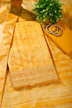 Mustard Tussar Silk Embroidered Unstitched Suit Material