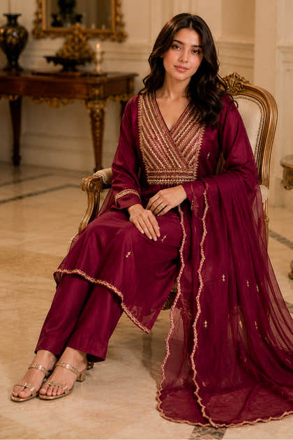 Wine Neck-Embroidered Silk Straight Suit