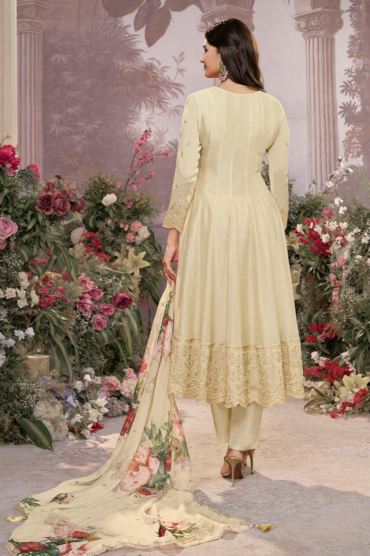 Cream Embroidered Crepe Silk Anarkali Suit