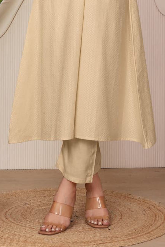 Beige Cotton Resham Embroidered Kurta Set