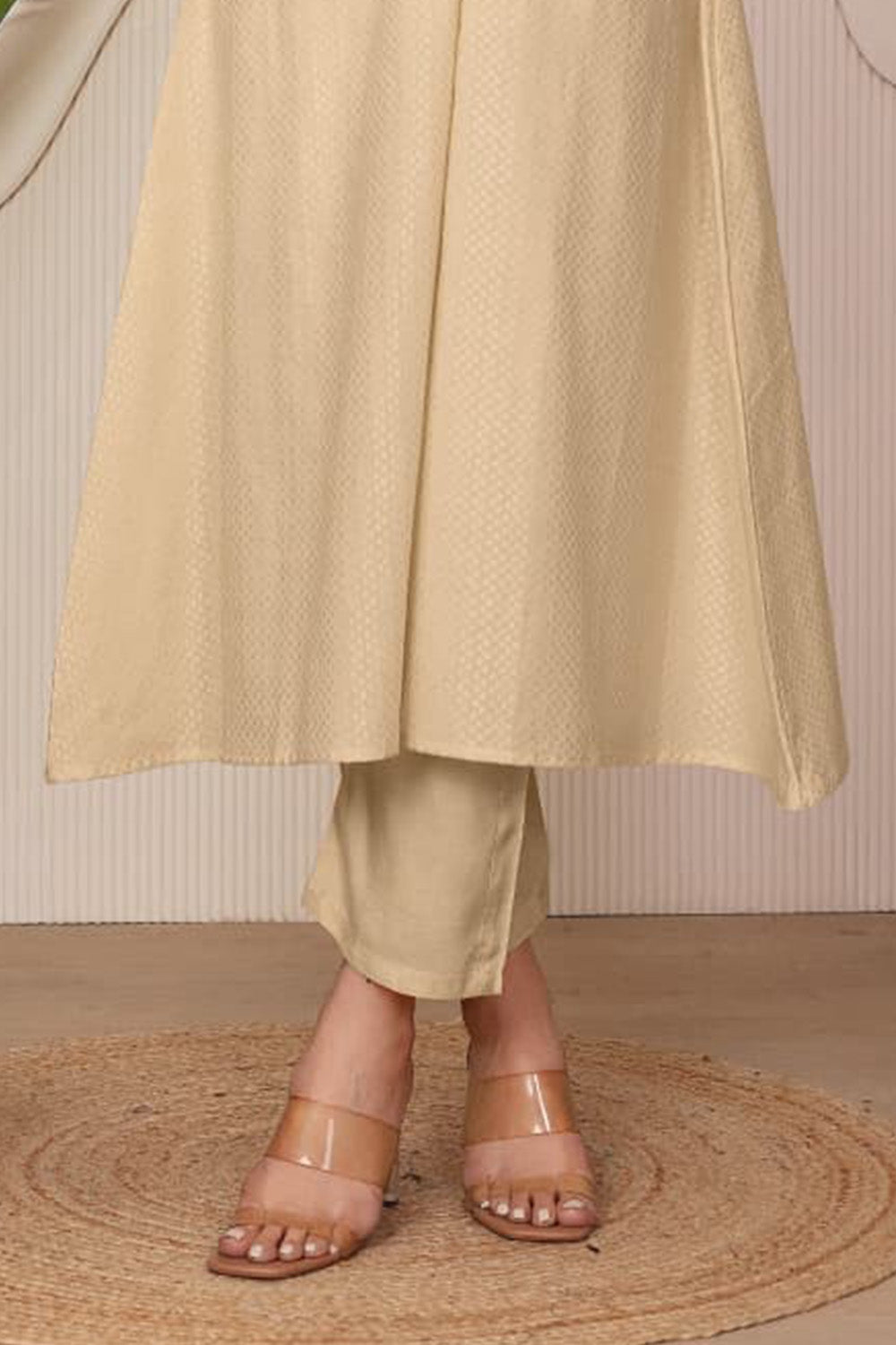 Beige Cotton Resham Embroidered Kurta Set