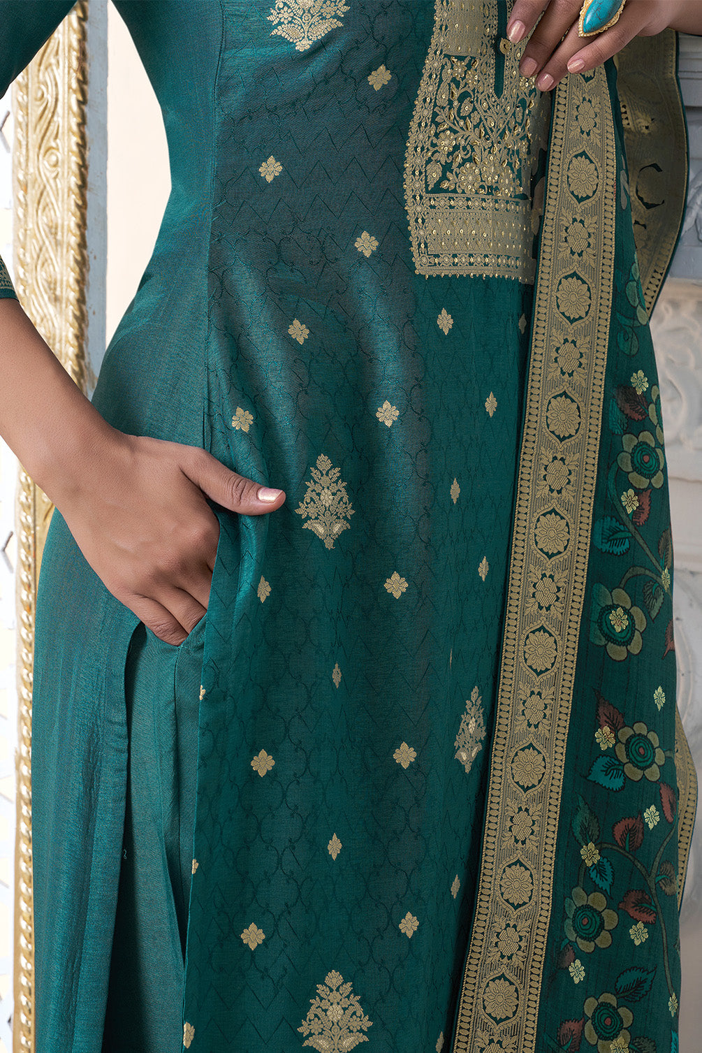 Teal Silk Zari Woven Suit Set