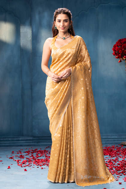 Golden Sequins and Resham Embroidered Metallic Tissue Saree
