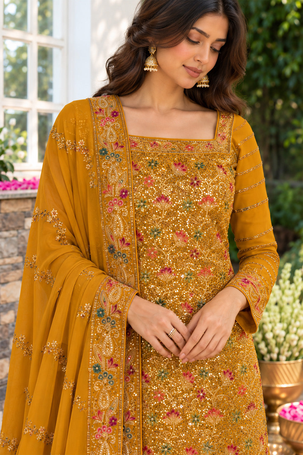 Mustard Floral Embroidered Georgette Unstitched Suit Material
