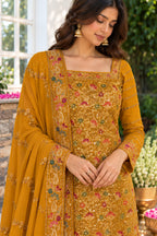 Mustard Floral Embroidered Georgette Unstitched Suit Material
