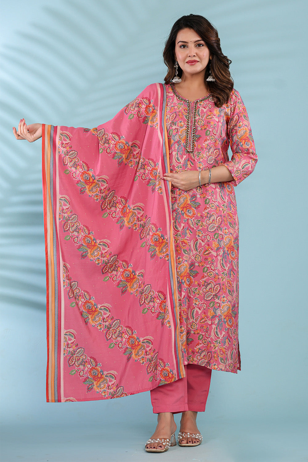 Pink Color Floral Printed Muslin Straight Suit