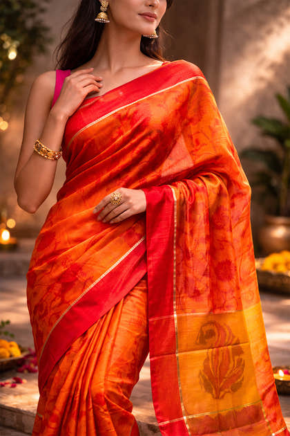 Orange Chanderi Cotton Printes Saree