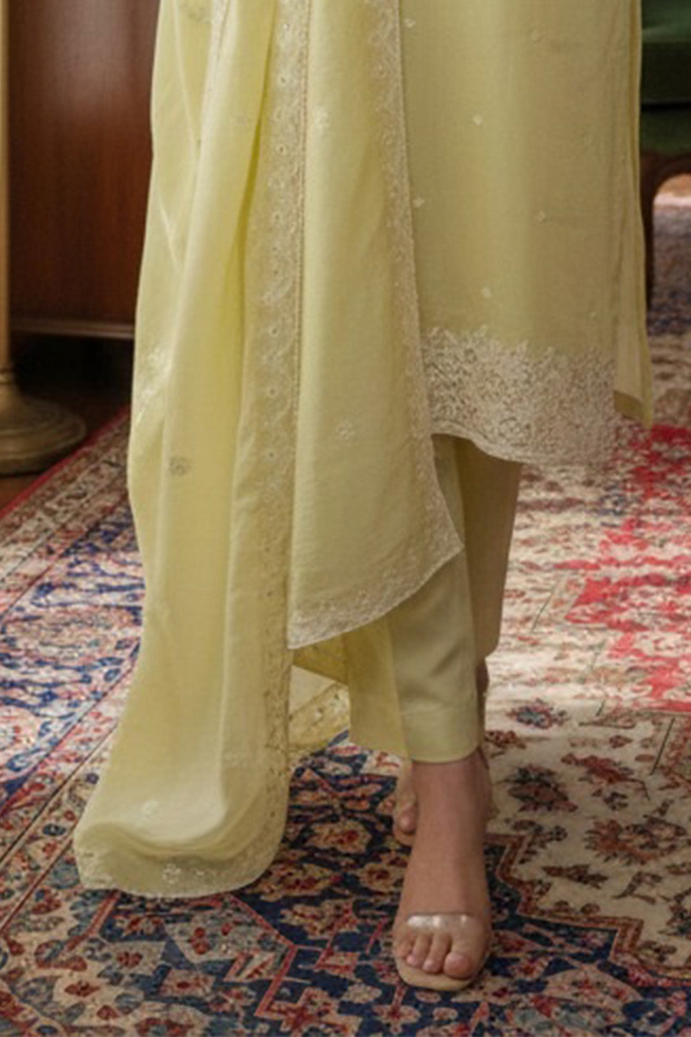 Pista Green Malmal Cotton Resham And Zari Embroidered Suit