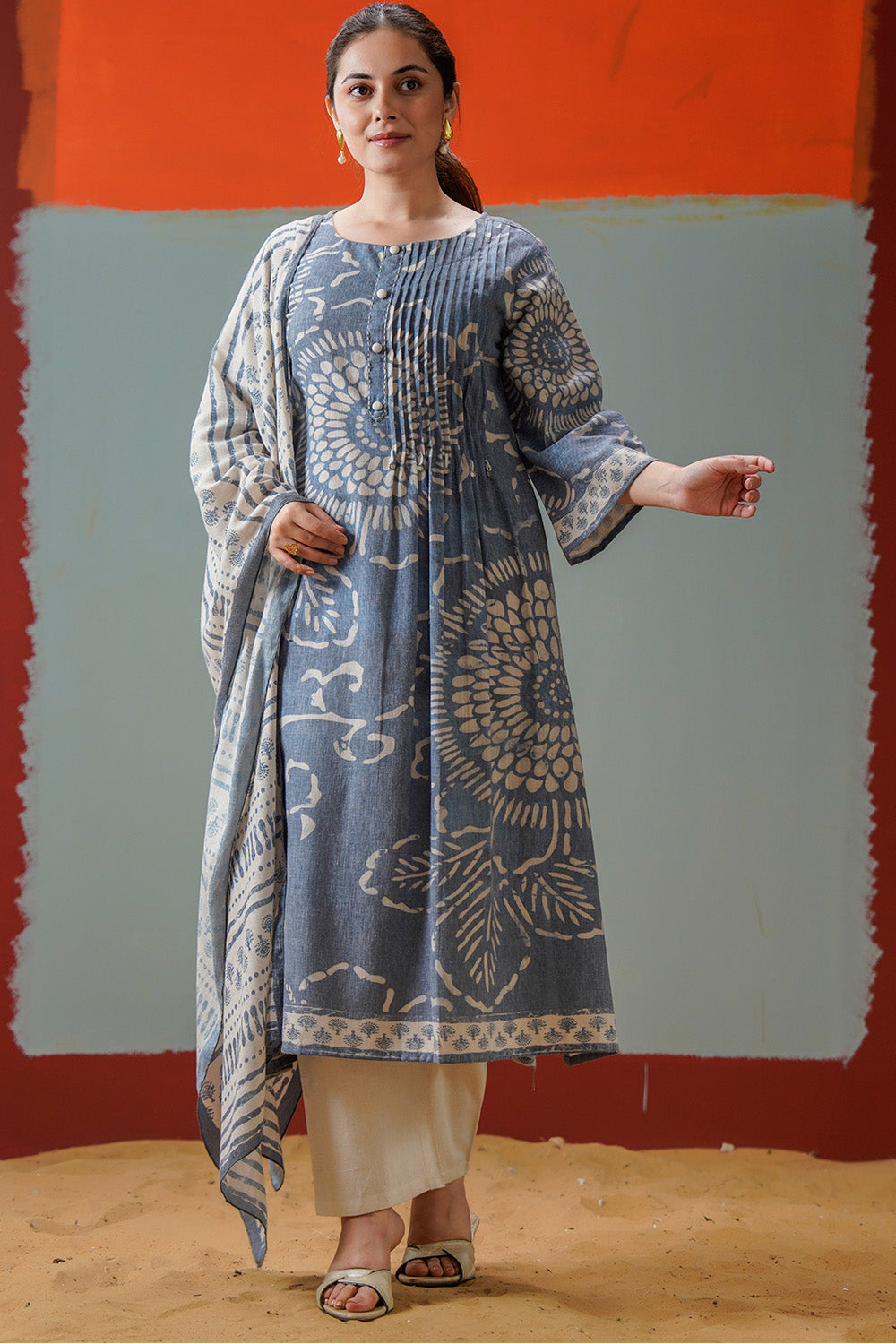 Grey Cotton Floral Printed Suit Set