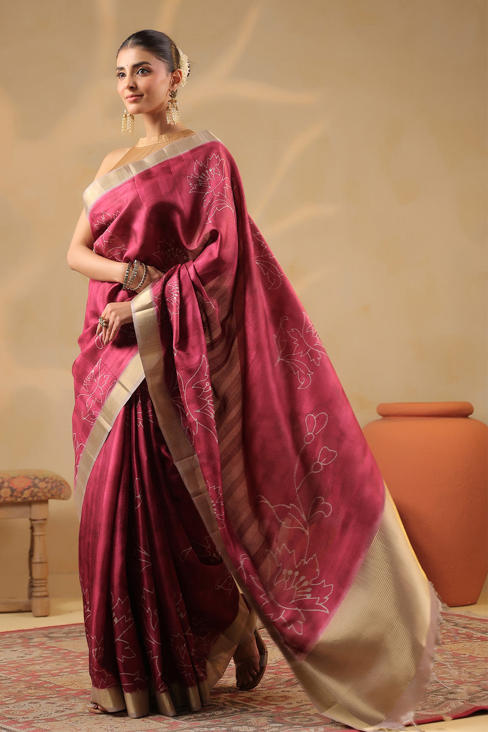 Deep Carmine Floral Printed and Zari Woven Tussar Silk Saree