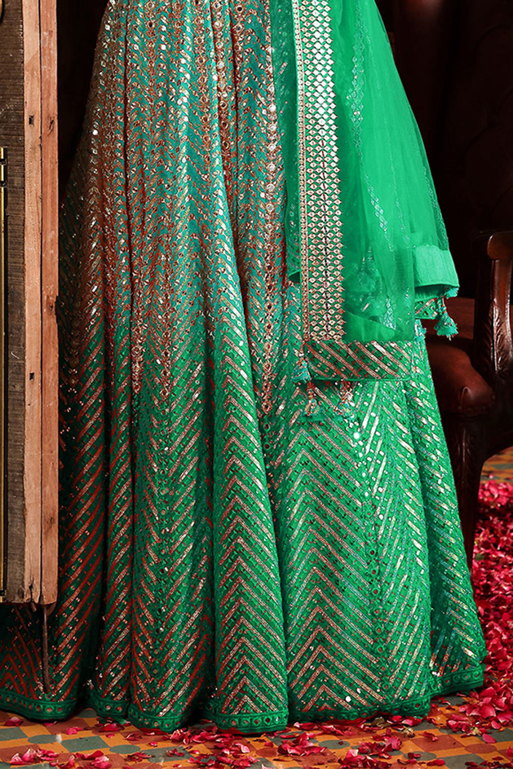 Turquoise colour Ombre Georgette Embroidered Lehenga.