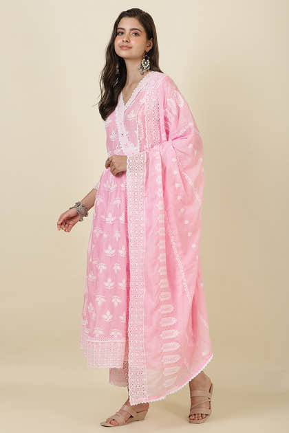 Pink Cotton Resham Embroidered and Lace Work Anarkali Suit