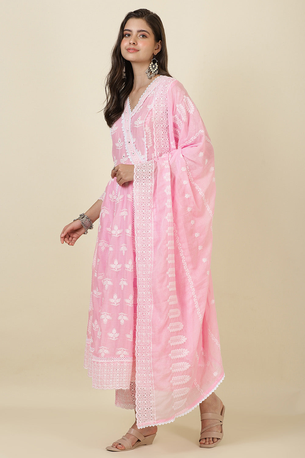 Pink Cotton Resham Embroidered and Lace Work Anarkali Suit