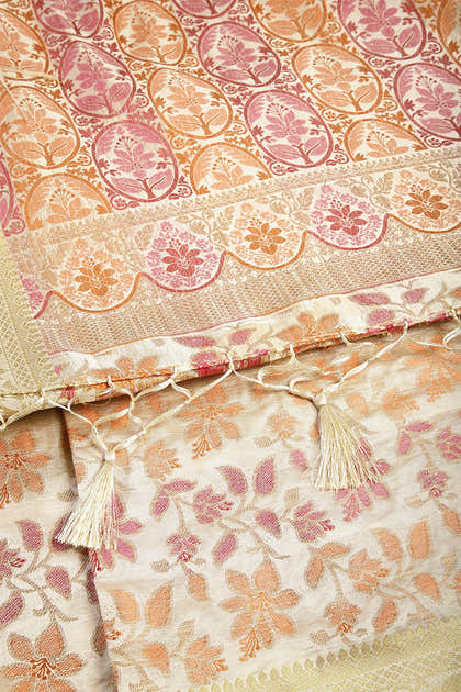 Pearl & Cream Color Tussar Woven Silk Saree