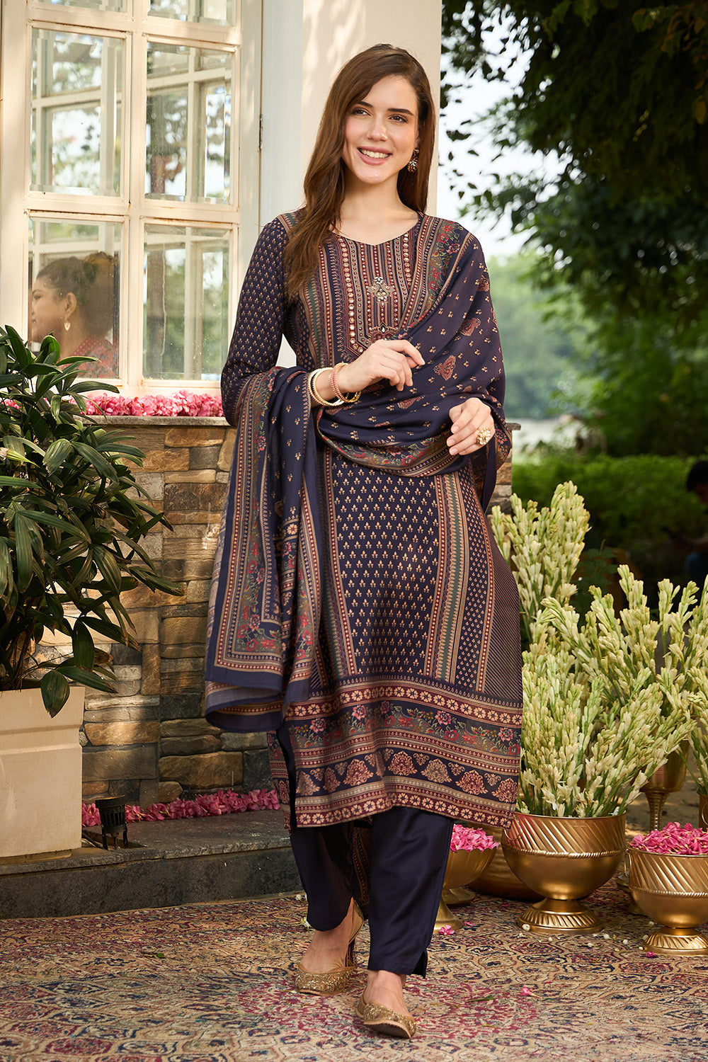 Navy Muslin Printed Straight Suit