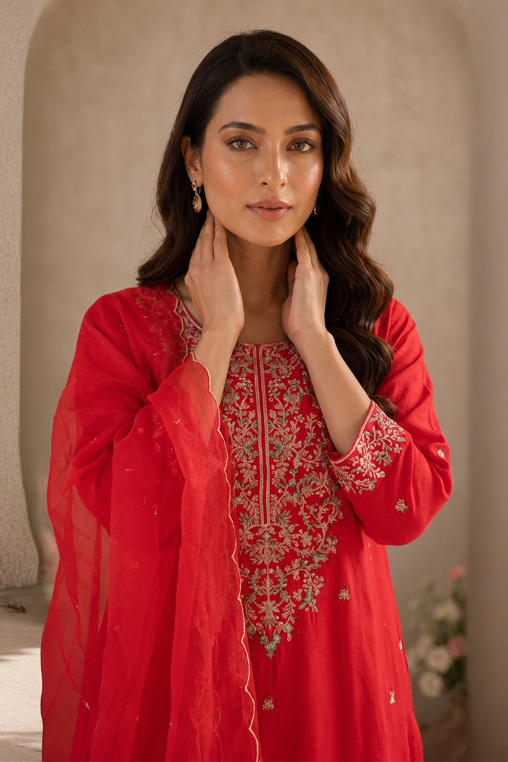 Carmine Silk Neck-Embroidered Suit With Pallazo