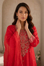 Carmine Silk Neck-Embroidered Suit With Pallazo