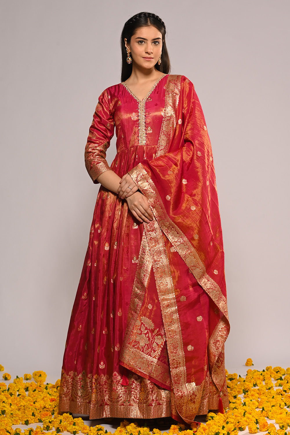 Fuchsia Pink Color Mantellic Tissue Embroidered and Woven Anarkali Suit