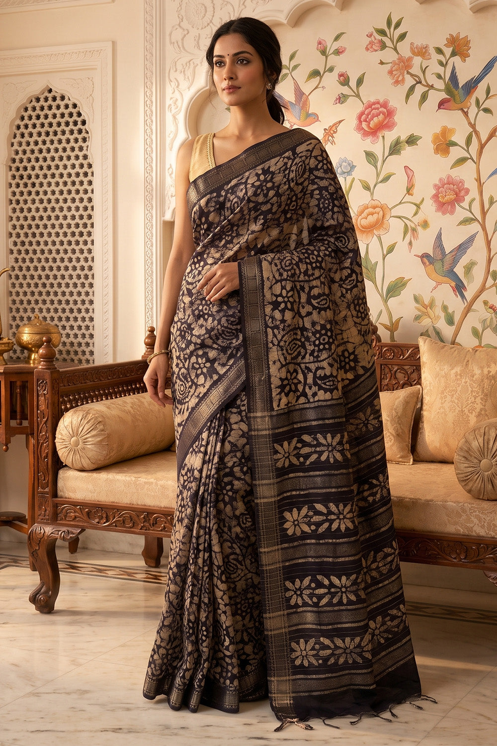 Navy And Beige Cotton Printed And Woven Border Saree