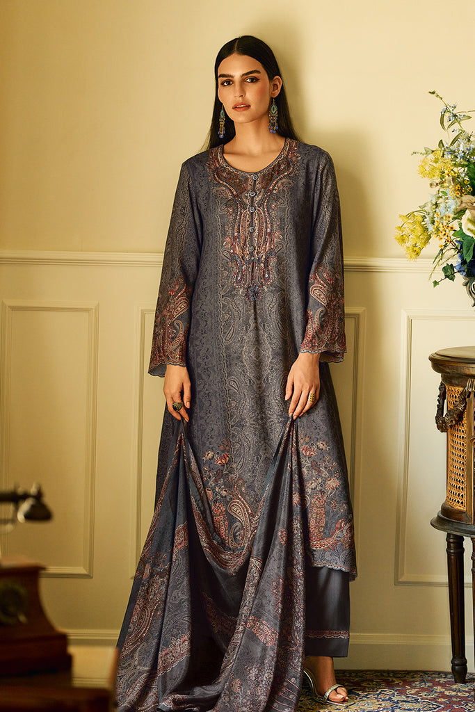 Grey Spun Printed Unstitched Suit Fabric