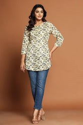 Beige & Green Color Floral Printed Kurti