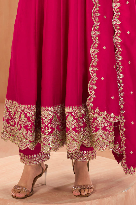 Rani Pink Crepe Silk Zari and Sequins Embroidered Anarkali Suit
