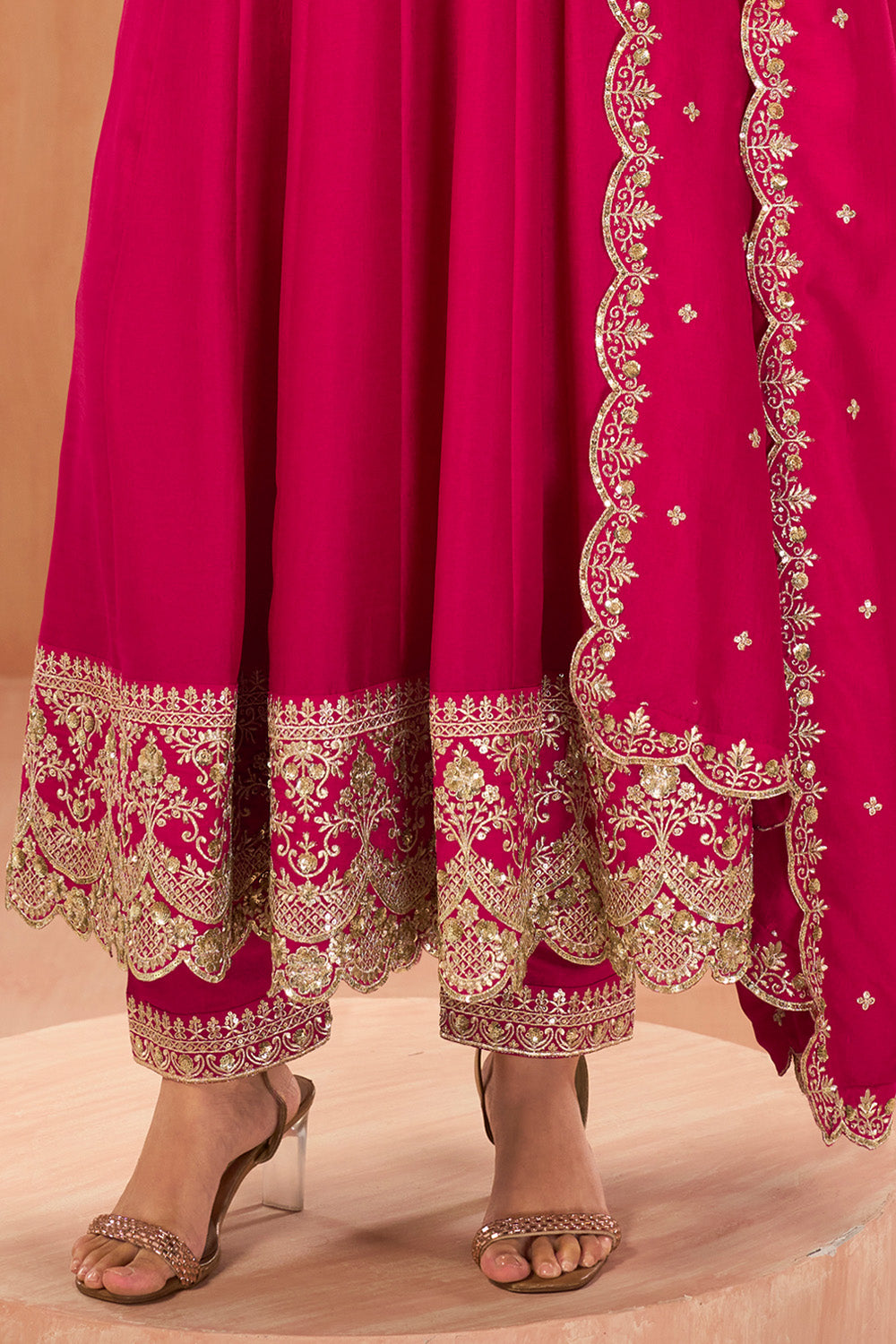 Rani Pink Crepe Silk Zari and Sequins Embroidered Anarkali Suit