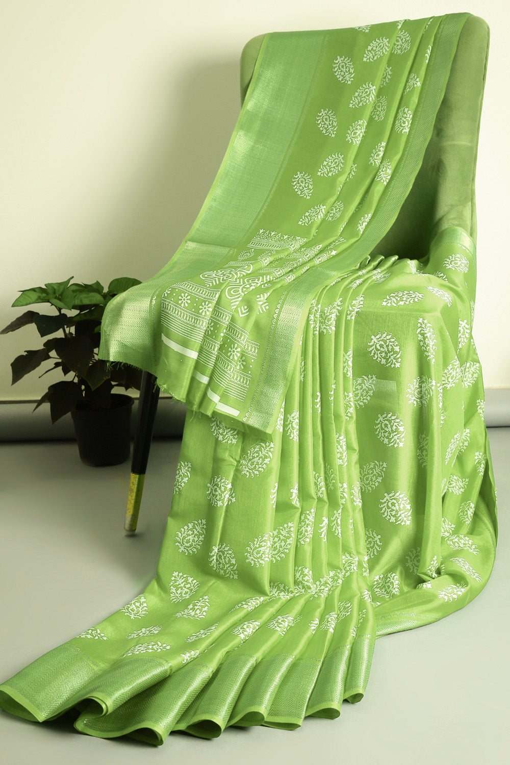 Green Color Block Printed Cotton Silk Saree