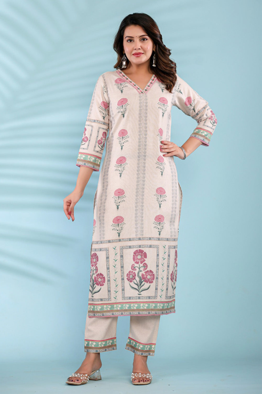 Cream Color Floral Printed Cotton Suit
