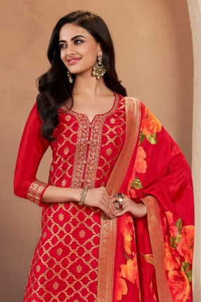 Red Zari Woven & Embroidered Silk Suit