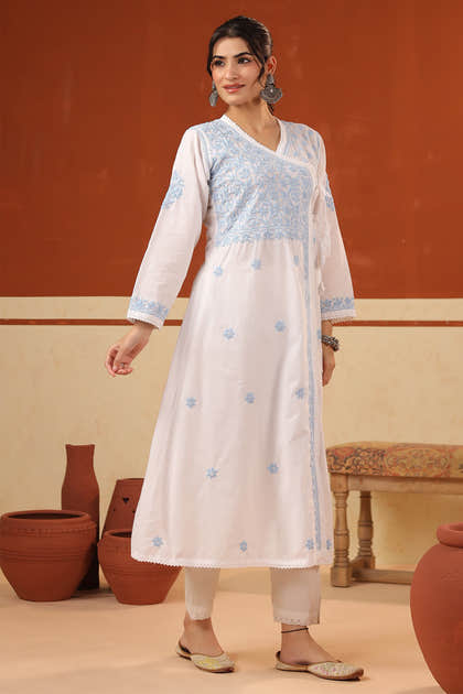 White & Blue Cotton Resham Embroidered Angrakha Style Kurta