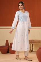 White & Blue Cotton Resham Embroidered Angrakha Style Kurta