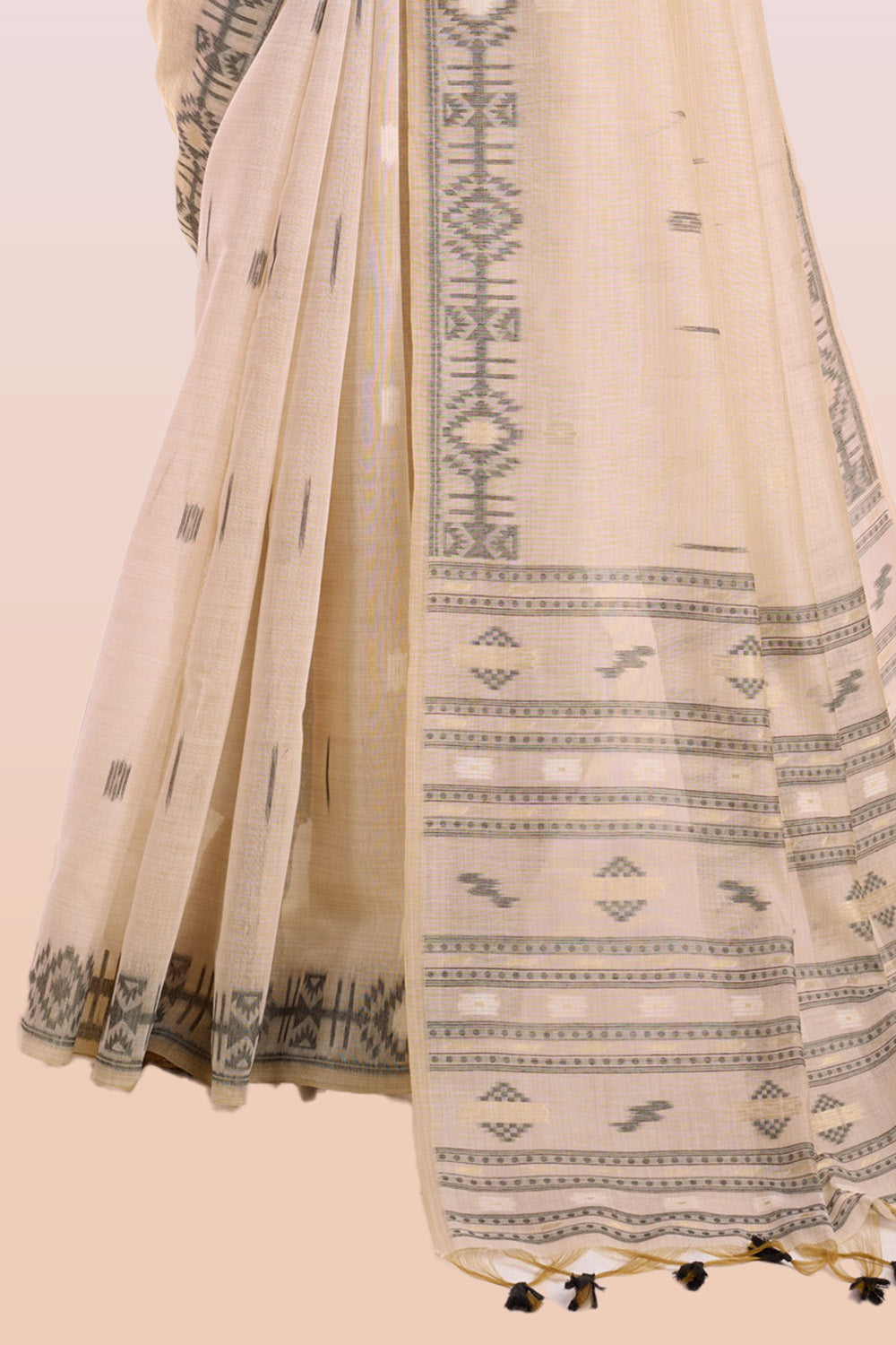 Cream & Black Colour Resham Woven Cotton Saree