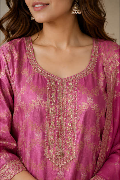 Mauve Woven And Embroidered Silk Suit