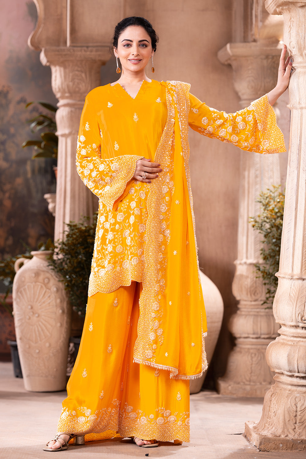 Yellow Pure Silk Floral Embroidered Suits With Embroidered Pallazo
