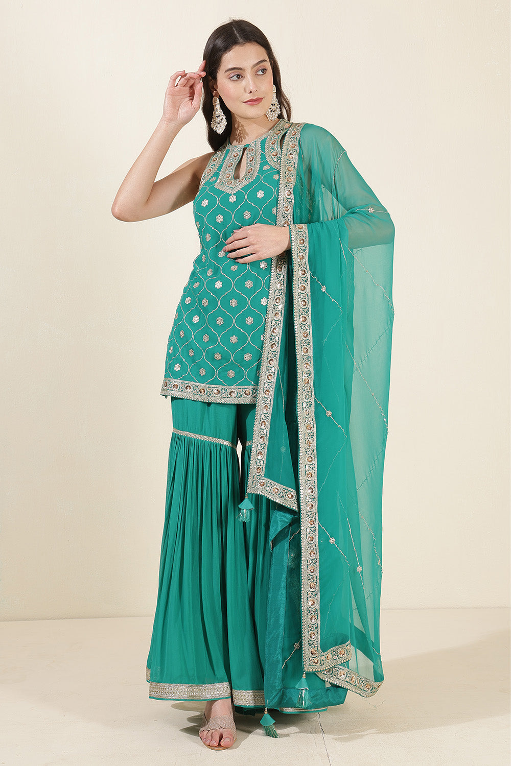 Teal Green Color Georgette Zari & Sequins Embroidered Suit With Gharara