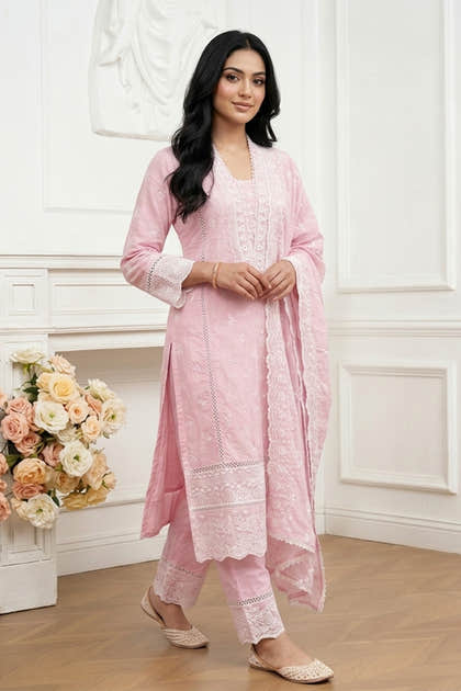 Pink Mul Cotton Chikankari Work Suit Set