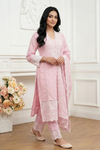 Pink Mul Cotton Chikankari Work Suit Set