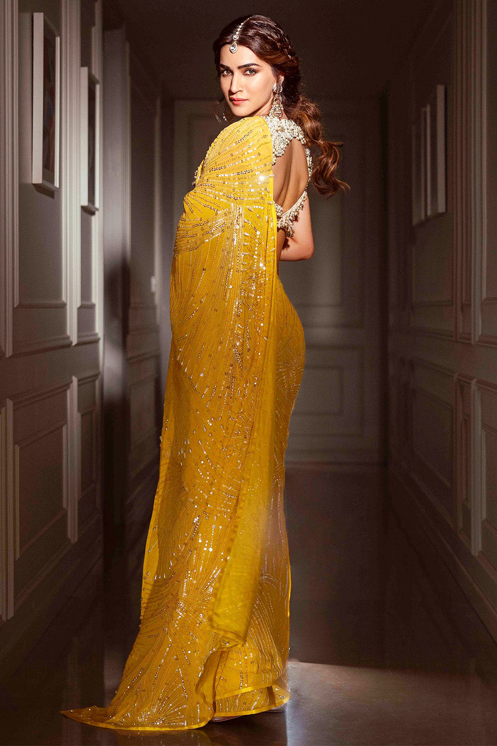 Mustard Color Georgette Sequins Embroidered Saree With Readymade Blouse