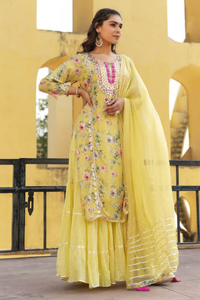Light Yellow Color Muslin Embroidered & Floral Printed Kurta Set With Stitched Skirt